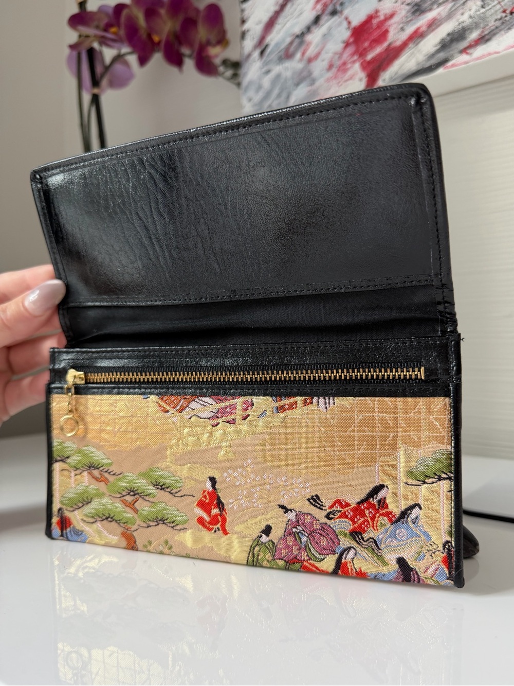 Vintage Japanese Silk Brocade Long Wallet Checkbook Cover Tale of Genji Gold - Picture 3 of 14
